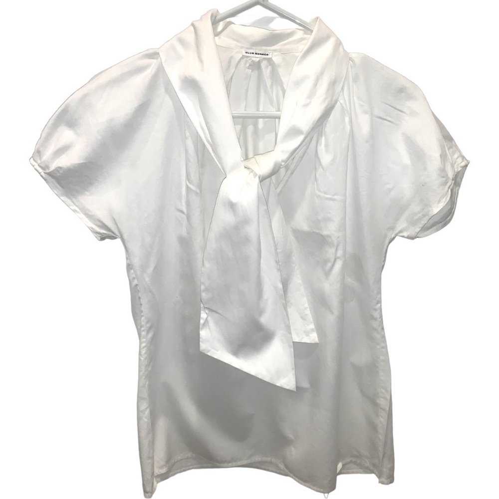 Club Monaco Tie Front Collar Blouse Short Sleeve Cotton White